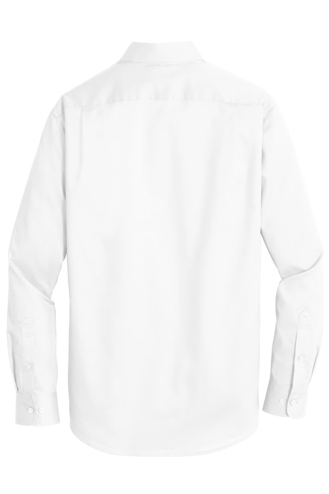 A white button-up shirt with long sleeves and a collar, featuring a logo on the back.