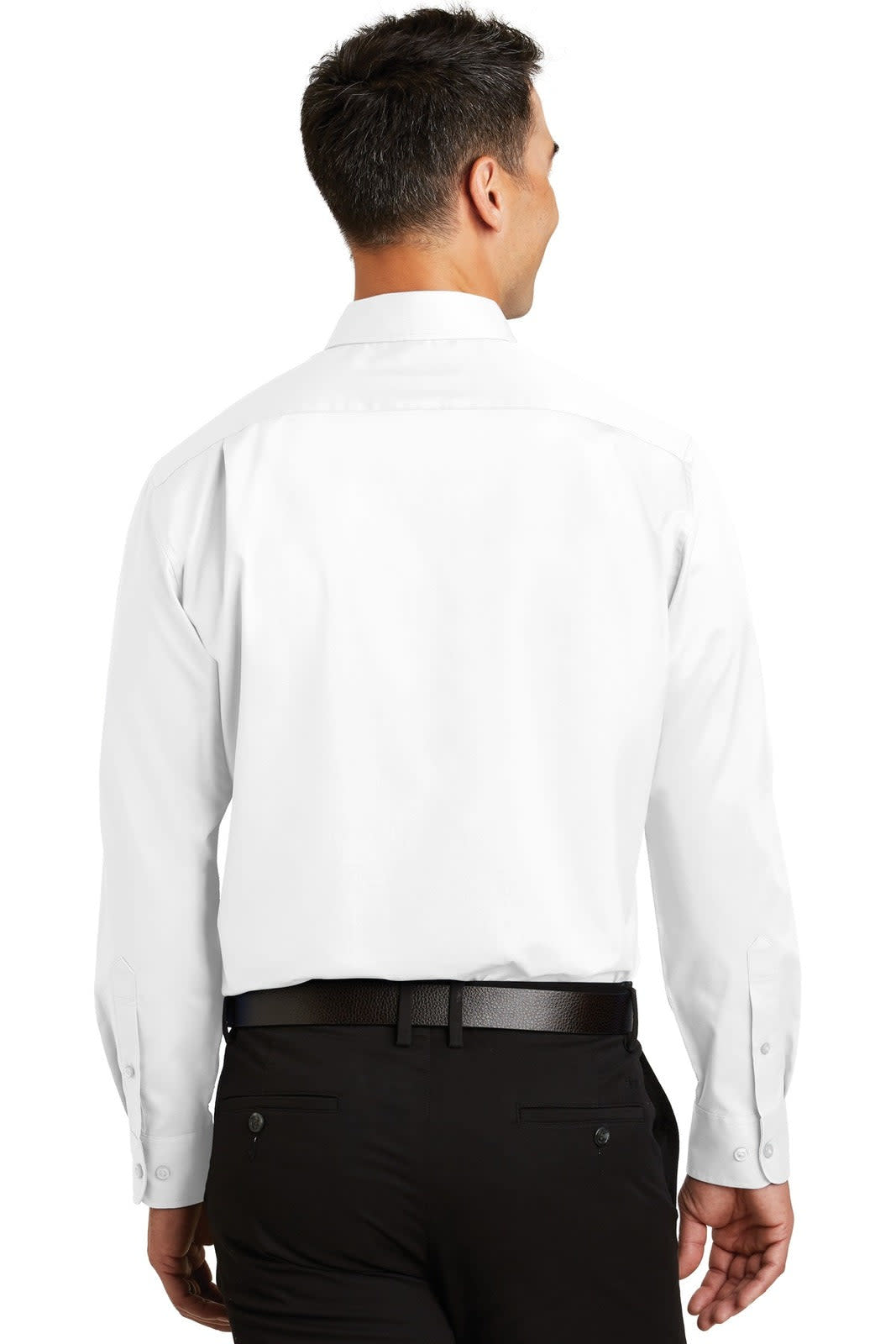 A white button-up shirt, featuring long sleeves and a collar, viewed from the back. It has a logo on the fabric.