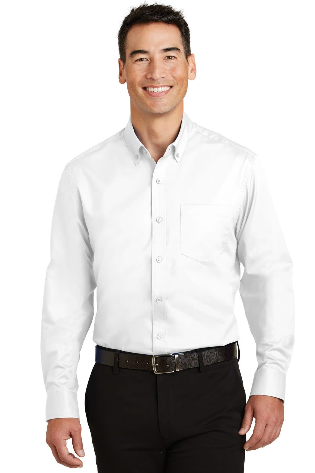 A white button-up shirt with long sleeves and a chest pocket, featuring a logo on the chest.