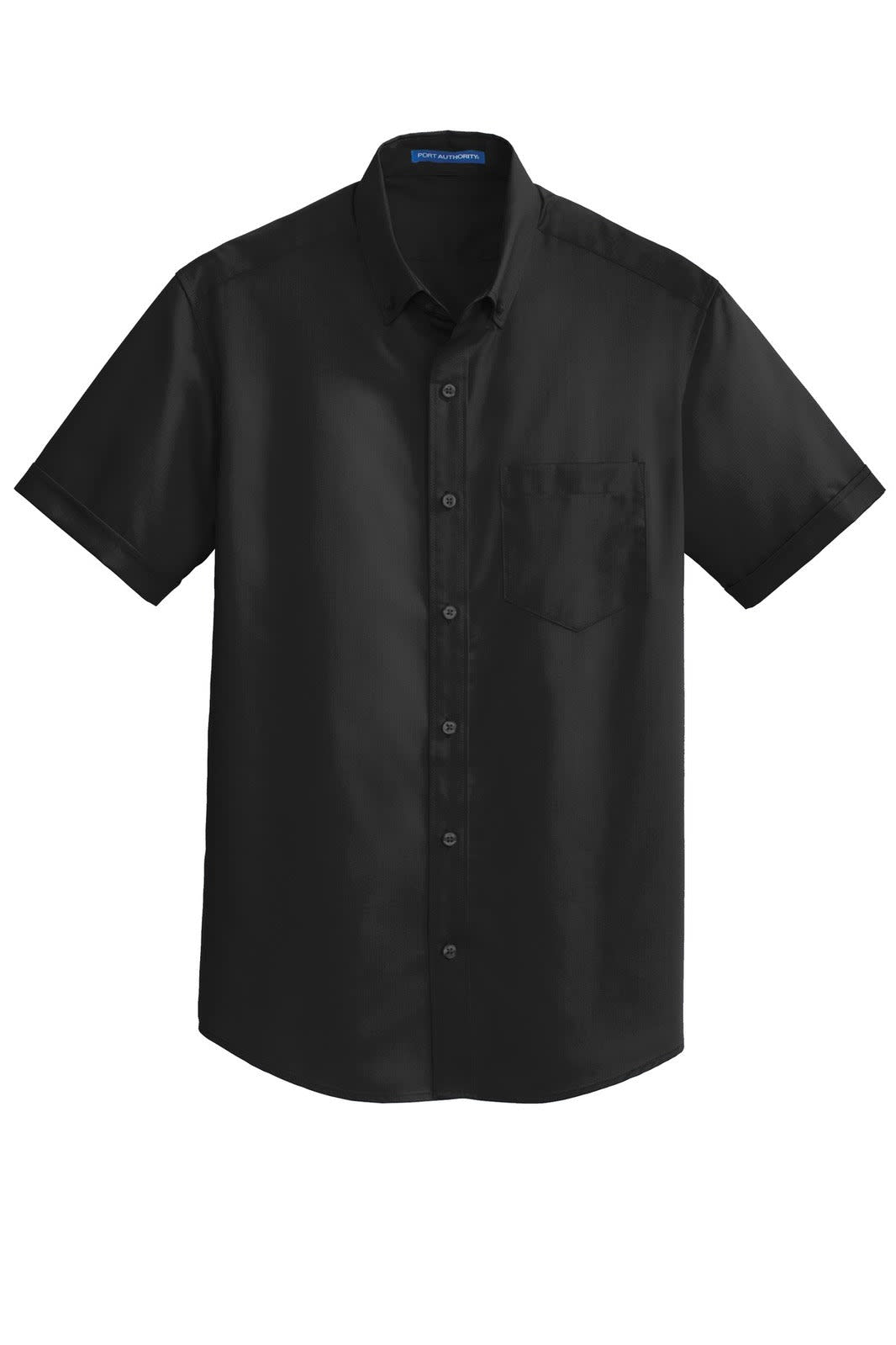 A black button-up short sleeve shirt with a pocket and a branded label on the collar.