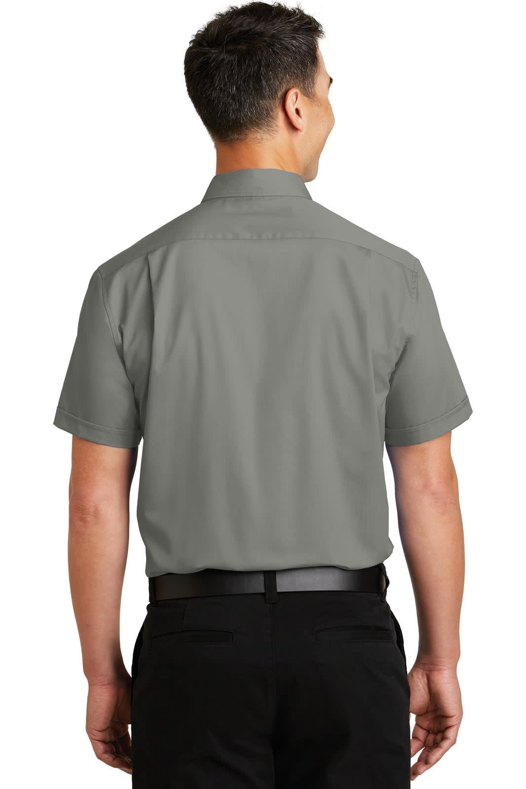A short sleeve, button-up shirt in a light grey colour, featuring a logo on the back.