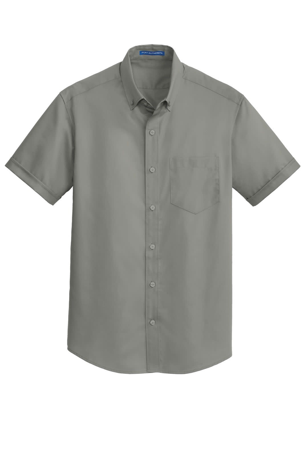 A light grey short sleeve button-up shirt with a pocket and a logo on the collar.
