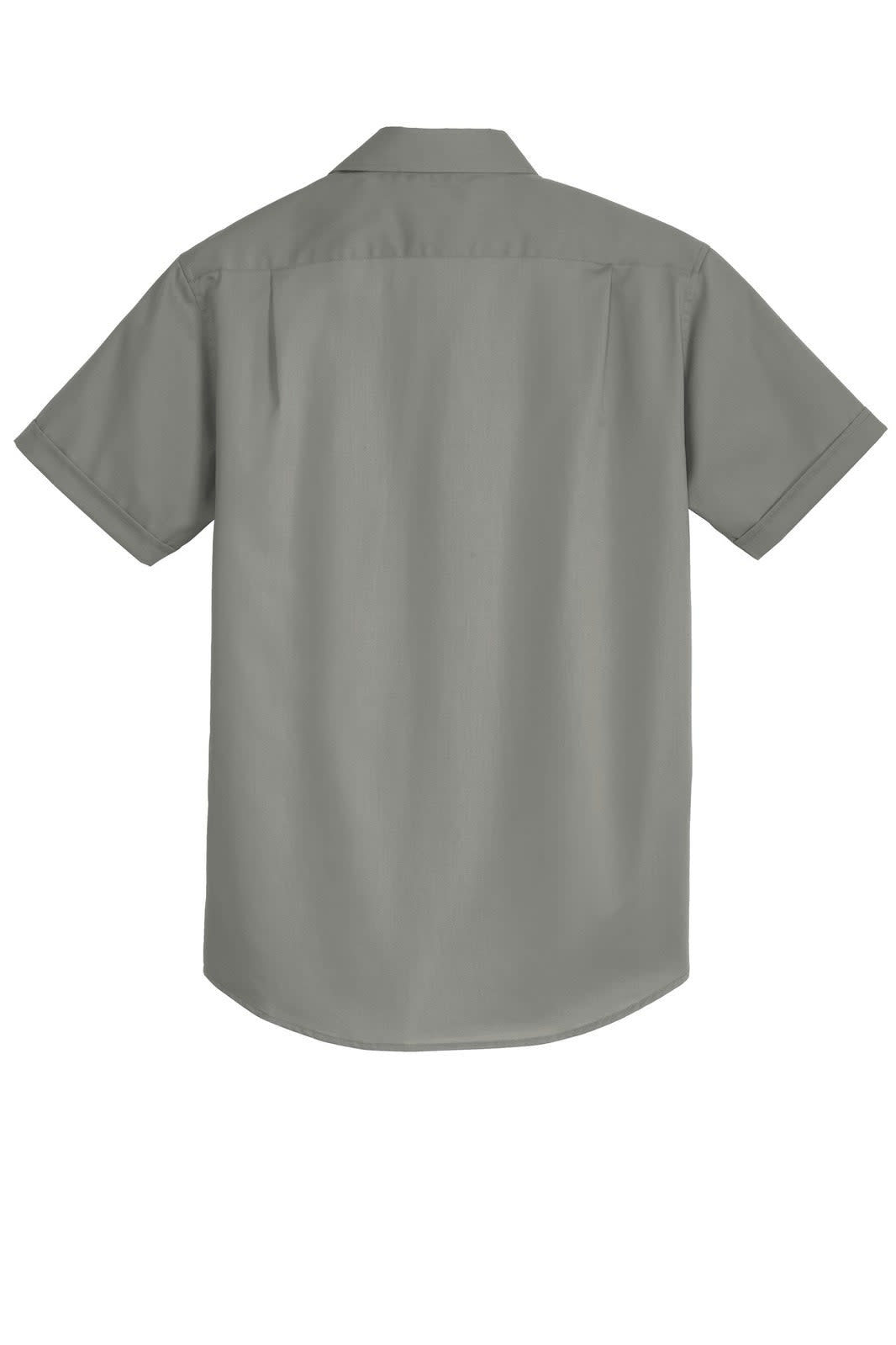 A short sleeve button-up shirt in grey with a back view and a logo on the label.