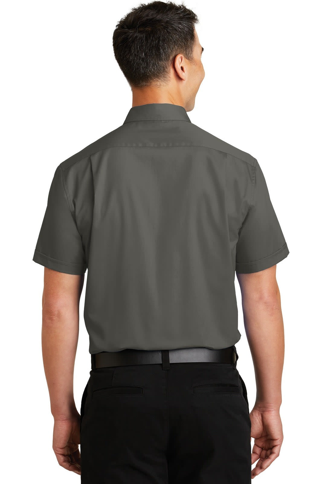 A back view of a grey short sleeve button-up shirt, featuring a collar and a logo.