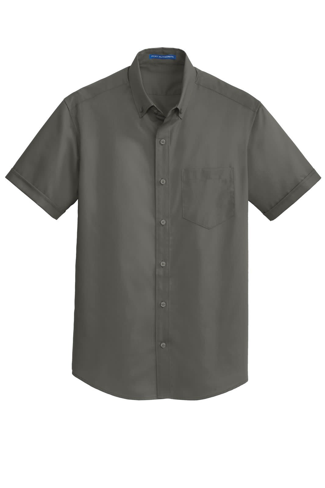 A short sleeve button-up shirt in dark grey with a pocket and a logo on the collar area.