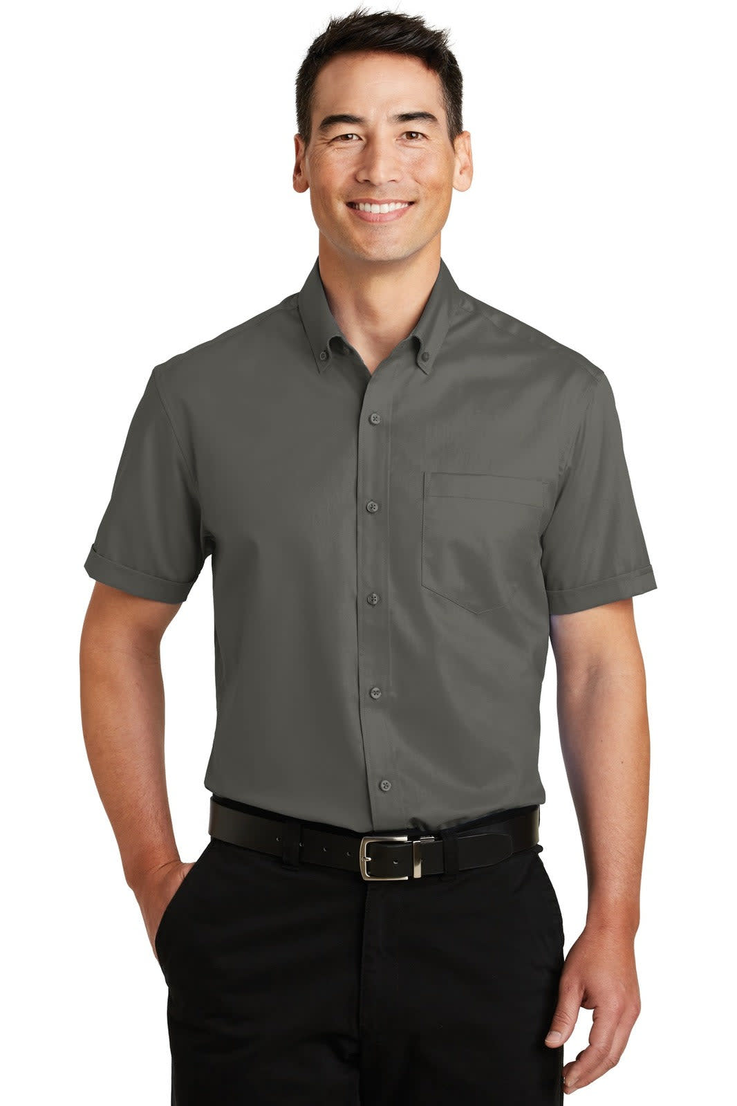 A grey short sleeve button-up shirt with a collar and a single chest pocket, worn by a smiling man.