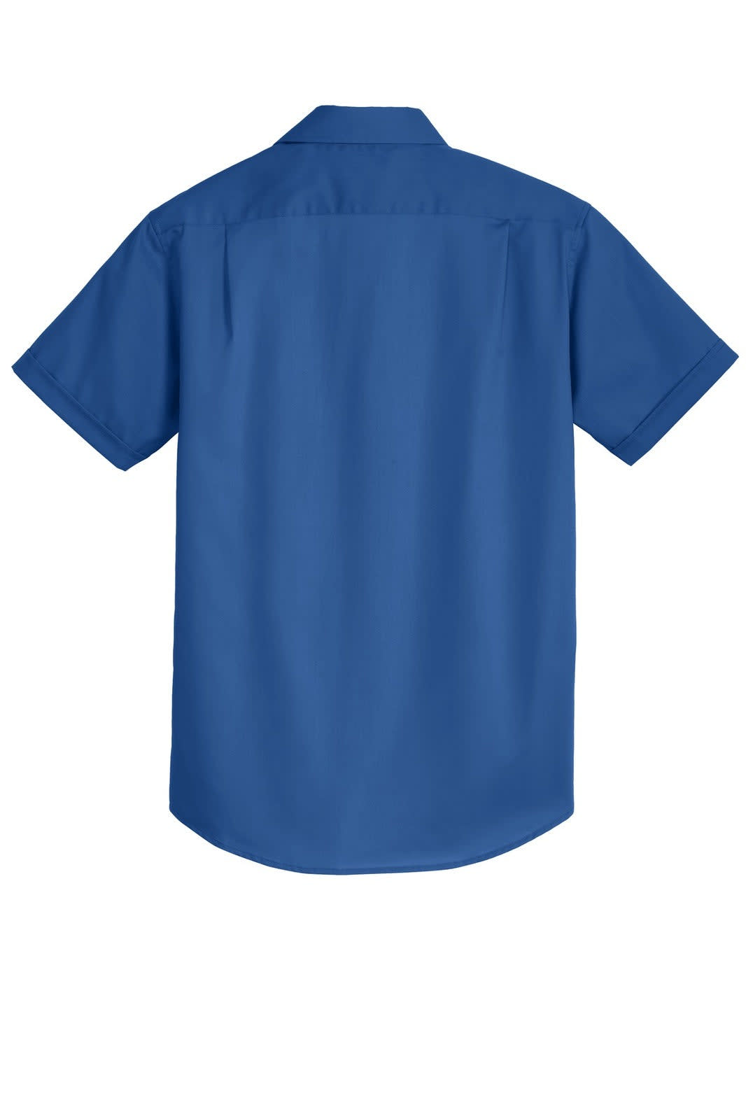 A blue short sleeve button-up shirt with a back yoke and a logo.