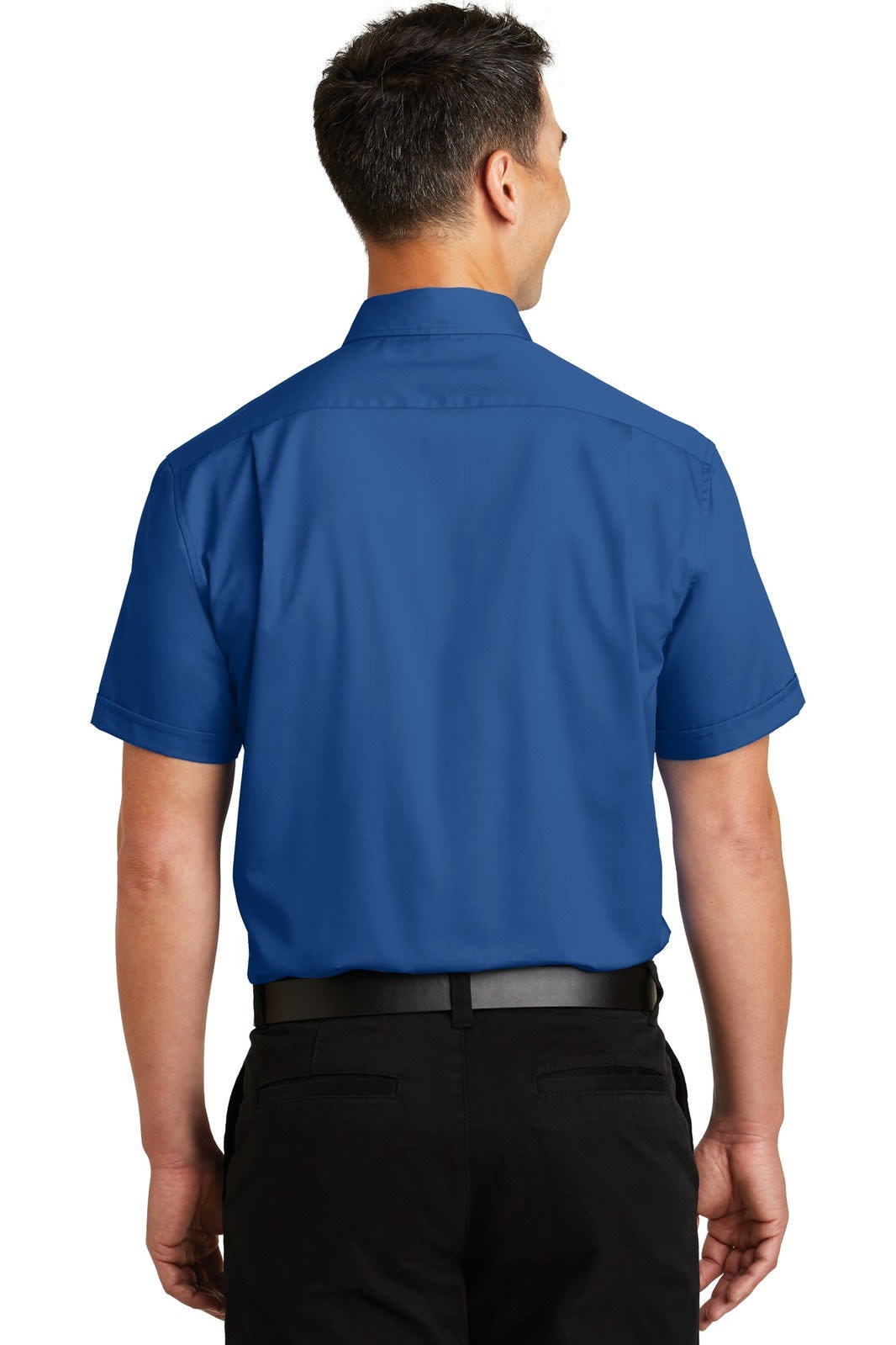 A short sleeve blue button-up shirt with a back collar, featuring a logo on the left side.