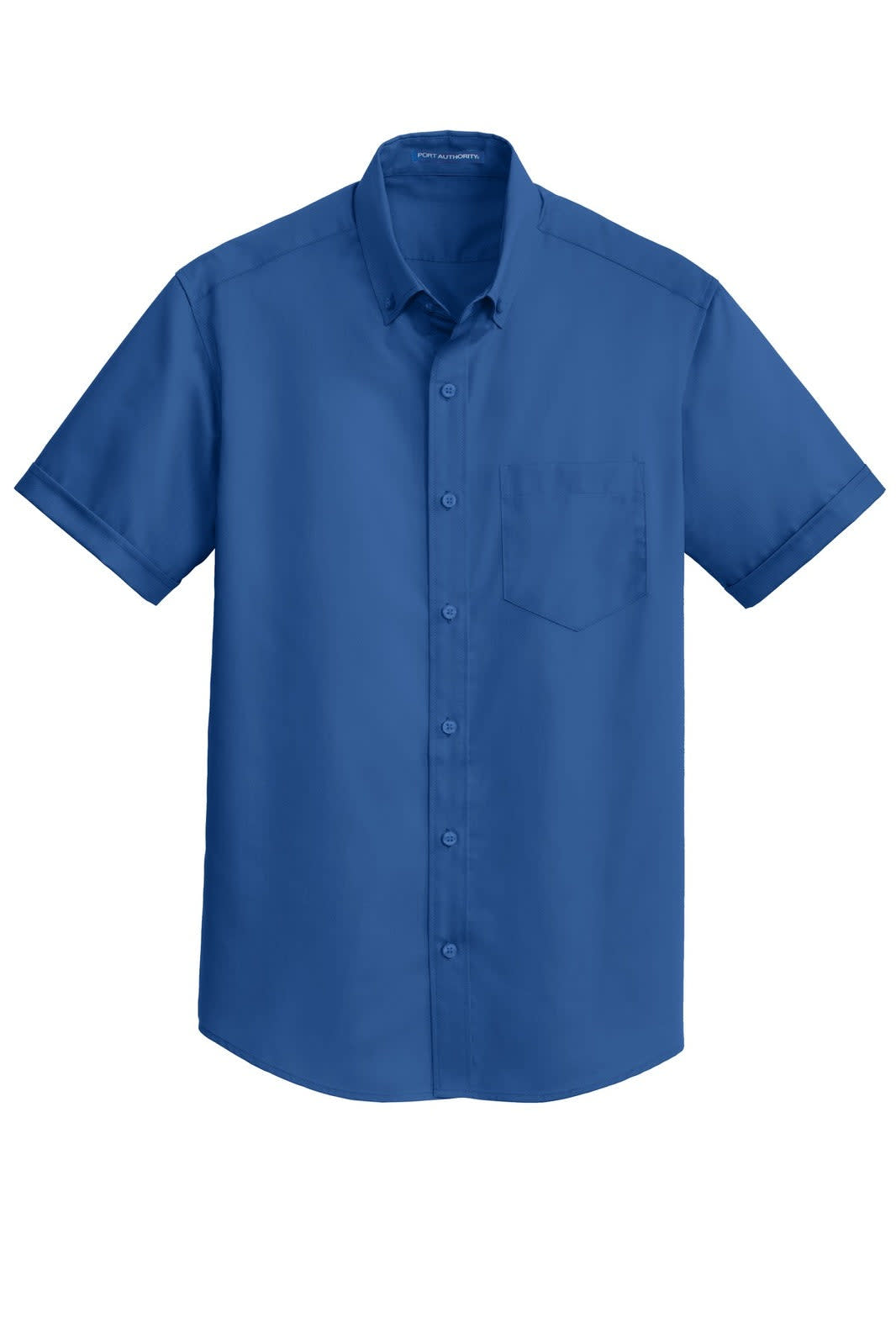 A blue short sleeve button-up shirt with a pocket and a branding logo on the collar.
