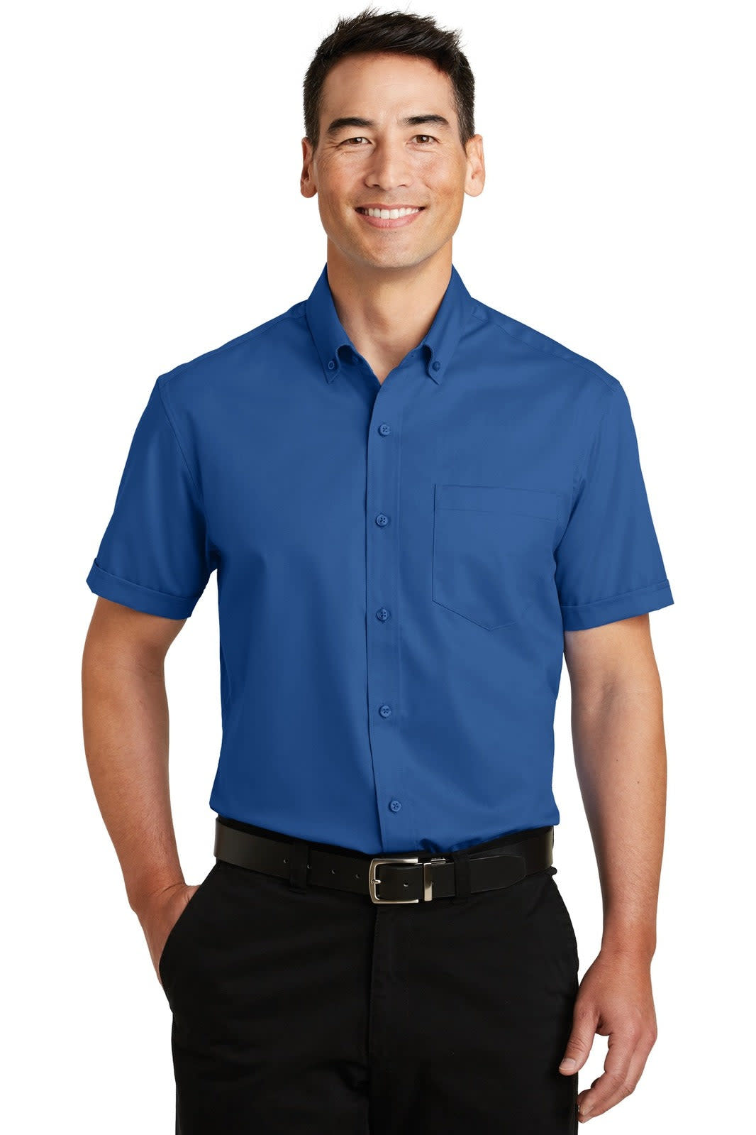 A man wearing a vibrant blue short sleeve button-up shirt with a pocket and a logo.