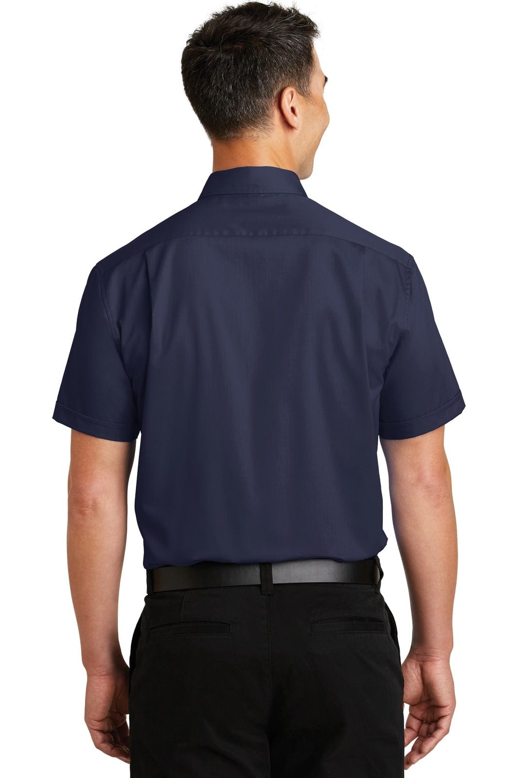 Short sleeve button-up shirt in navy blue, featuring a back view with a collar and logo branding.