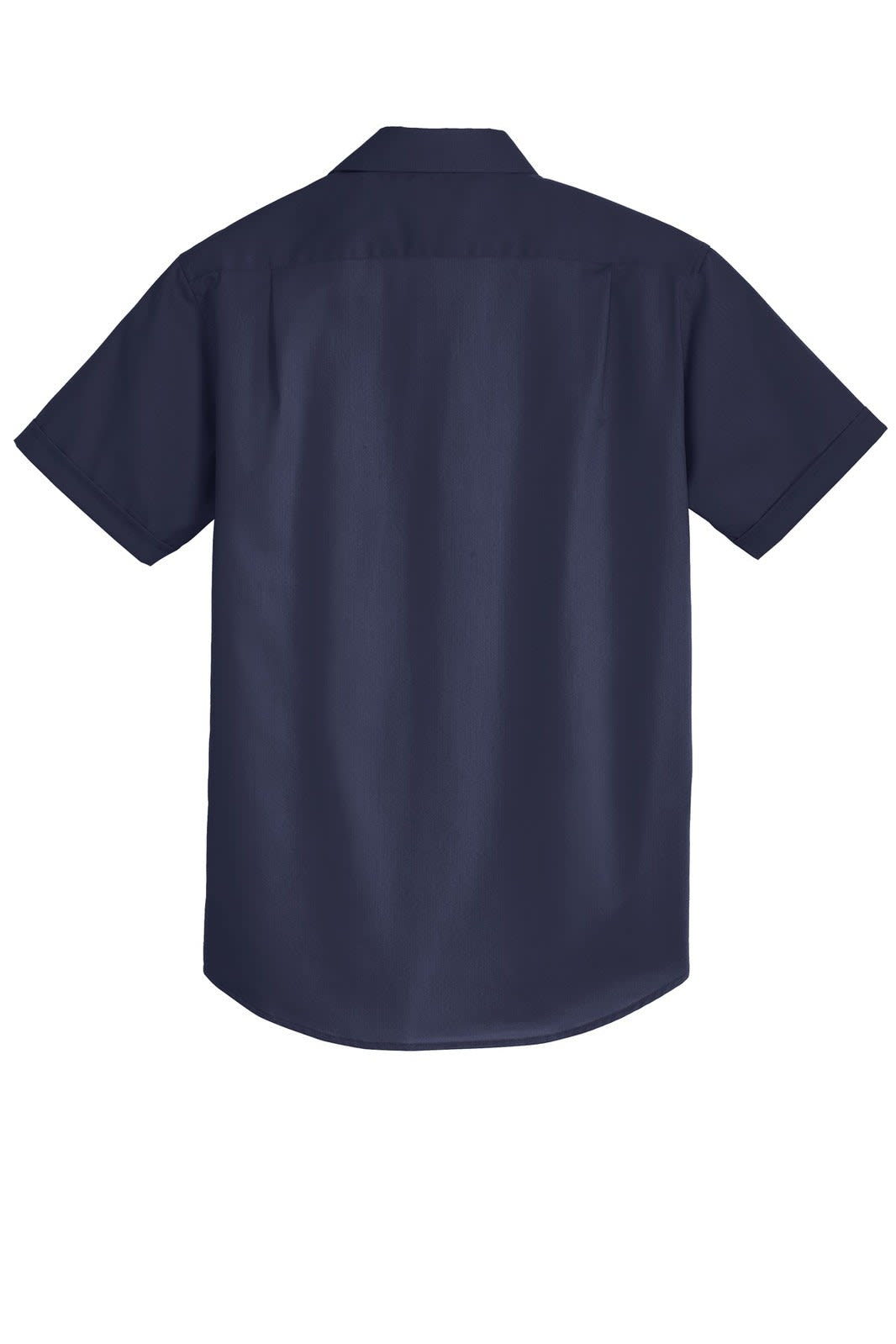 A navy short sleeve button-up shirt with a collar and a logo on the back.