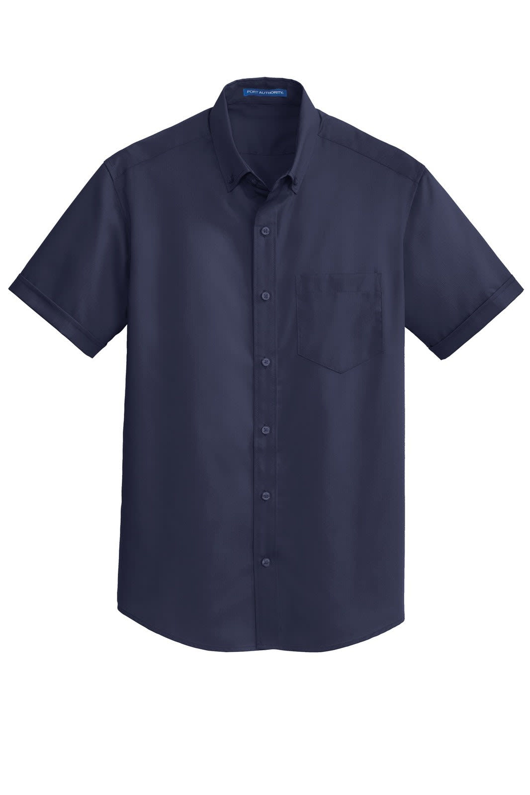 A dark navy short sleeve button-up shirt featuring a pocket and a logo. 