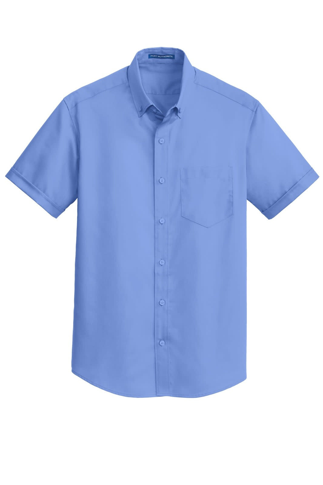 A short-sleeve button-up shirt in light blue with a single chest pocket and a logo.