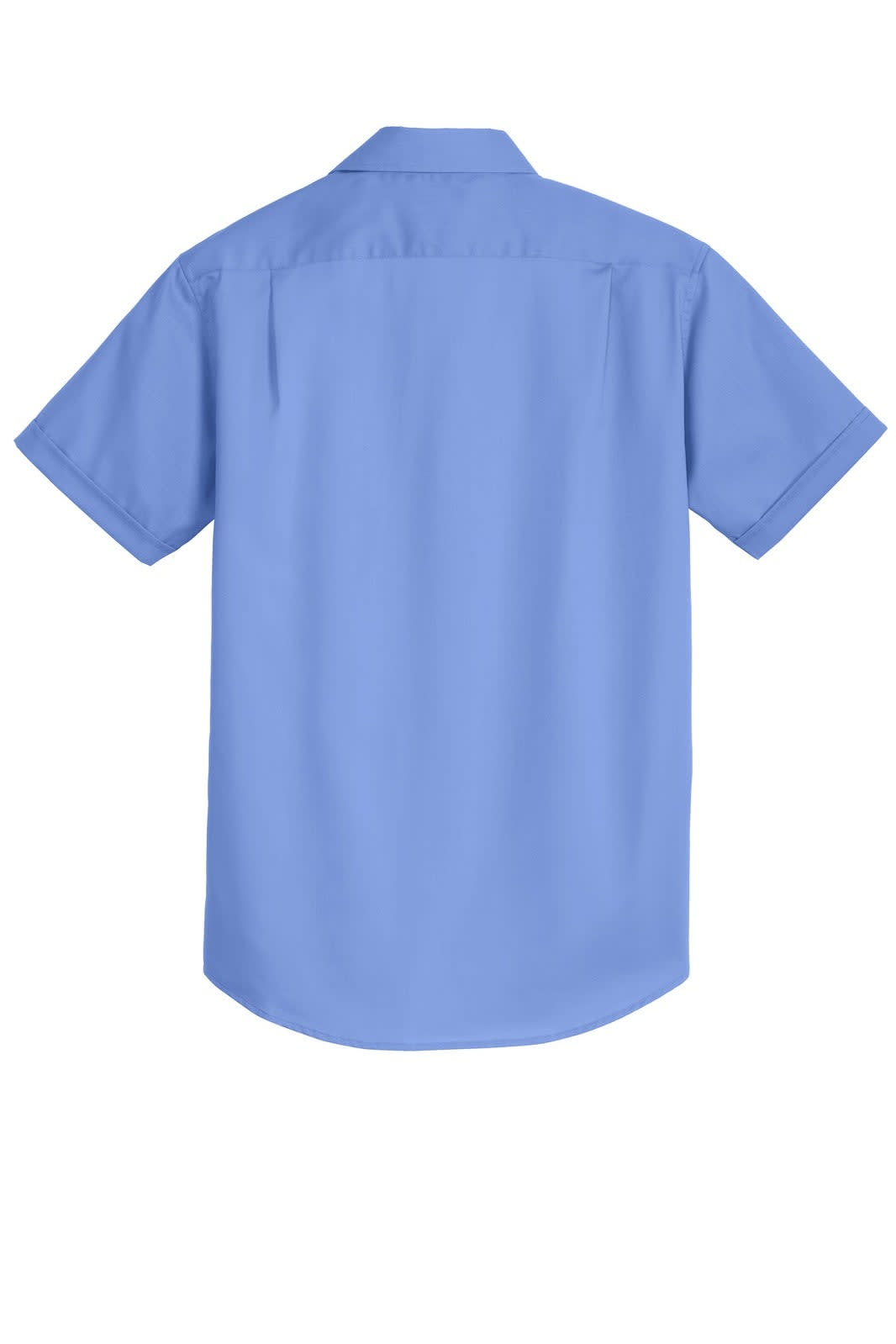 A blue short sleeve button-up shirt with a collar and a back pleat, featuring a logo.
