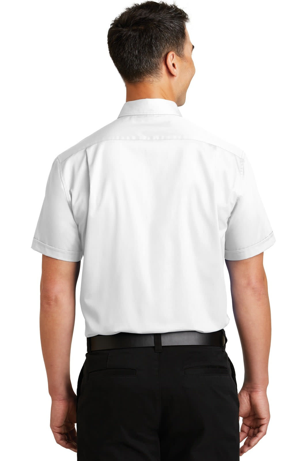 A white short sleeve button-up shirt viewed from the back, featuring a logo on the collar.