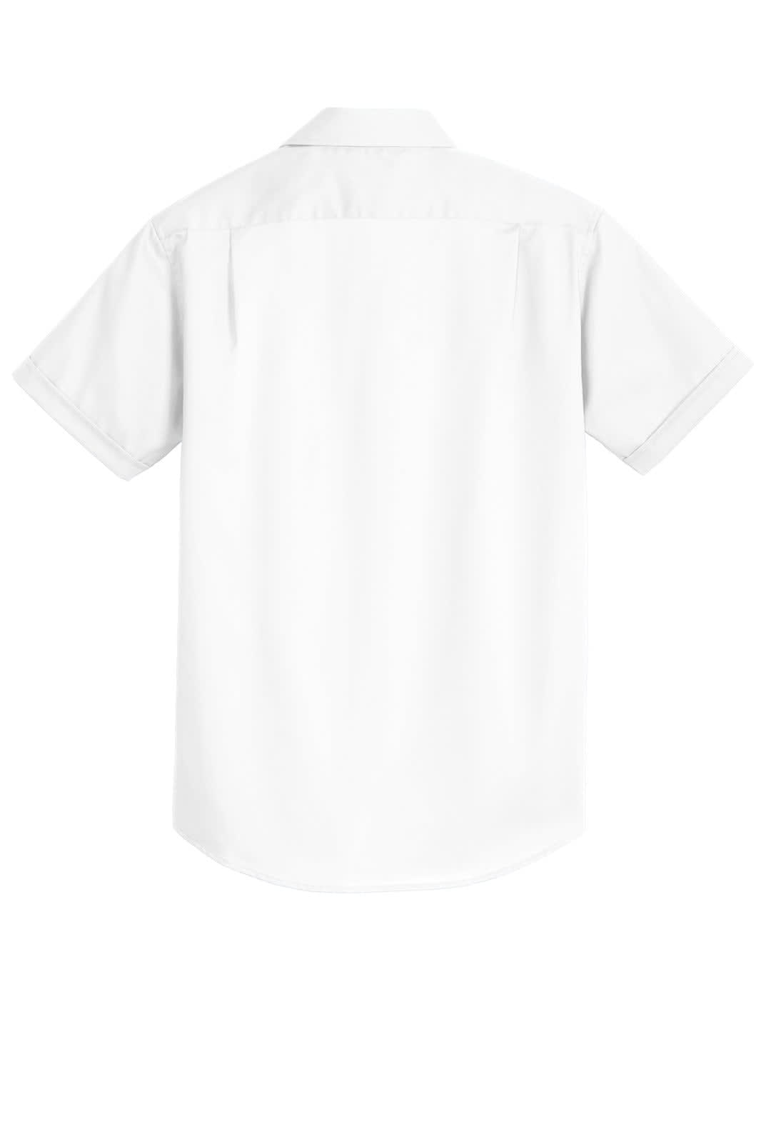 A white short sleeve button-up shirt with a back yoke and a logo. Suitable for casual or formal wear.