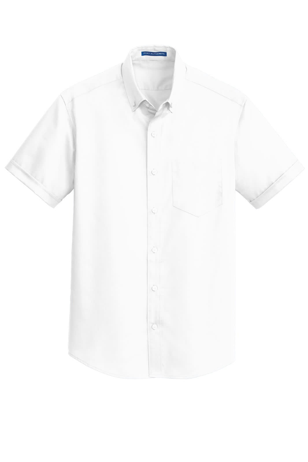 A short sleeve button-up shirt in white with a chest pocket and a logo tag on the collar.