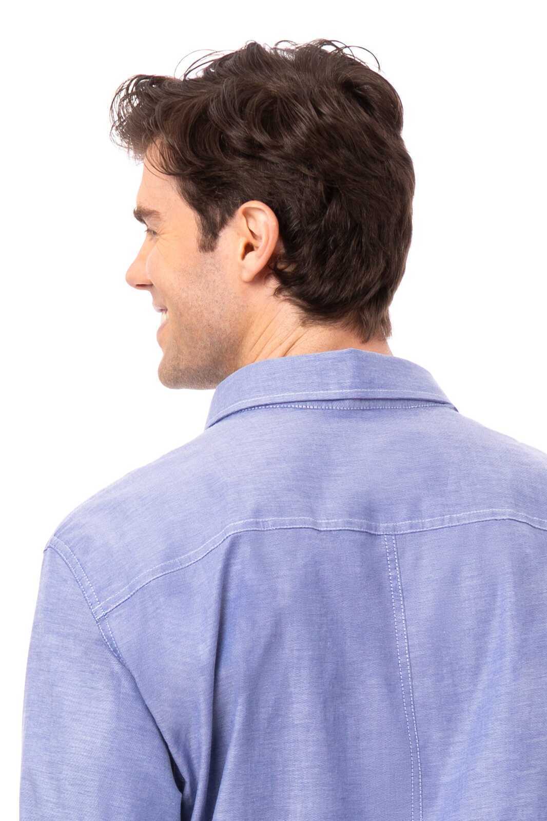 A men's classic Oxford shirt in blue, featuring a button-up design and a back view of a model.