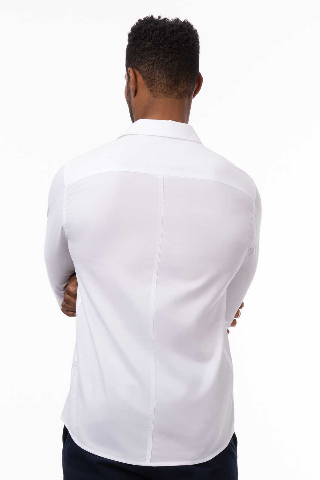 A back view of a blue button-up shirt worn by a man, featuring a collar and fitted design.