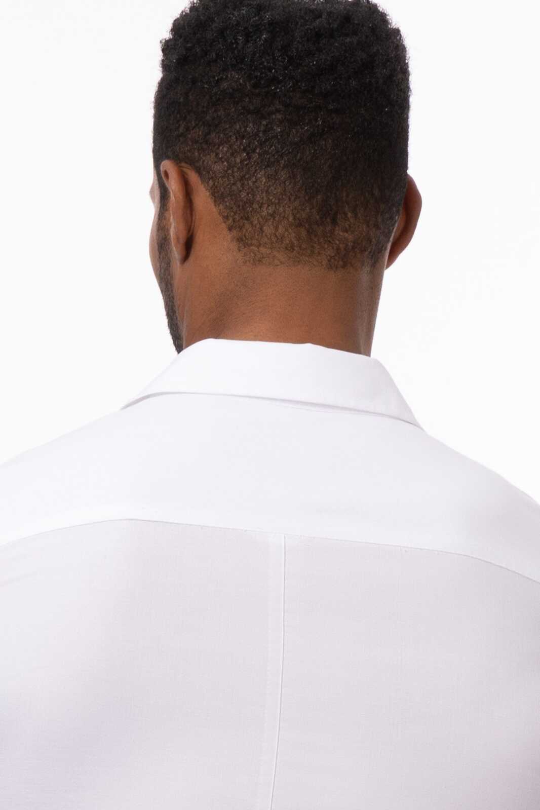 A man's back view wearing a blue button-up Oxford shirt, featuring a classic collar and no logos visible.