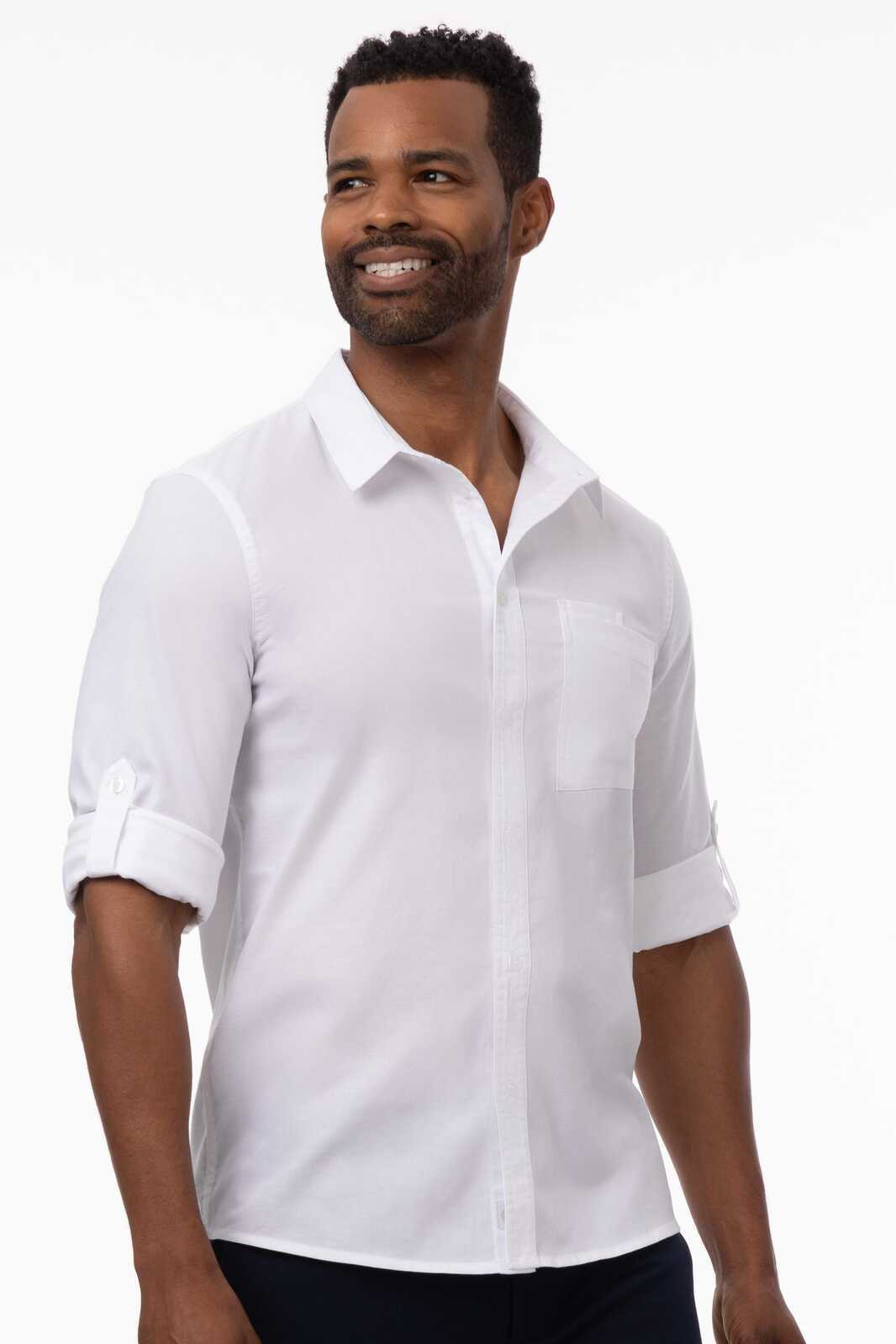 A white button-up shirt for men with rolled sleeves and a chest pocket, featuring casual styling.