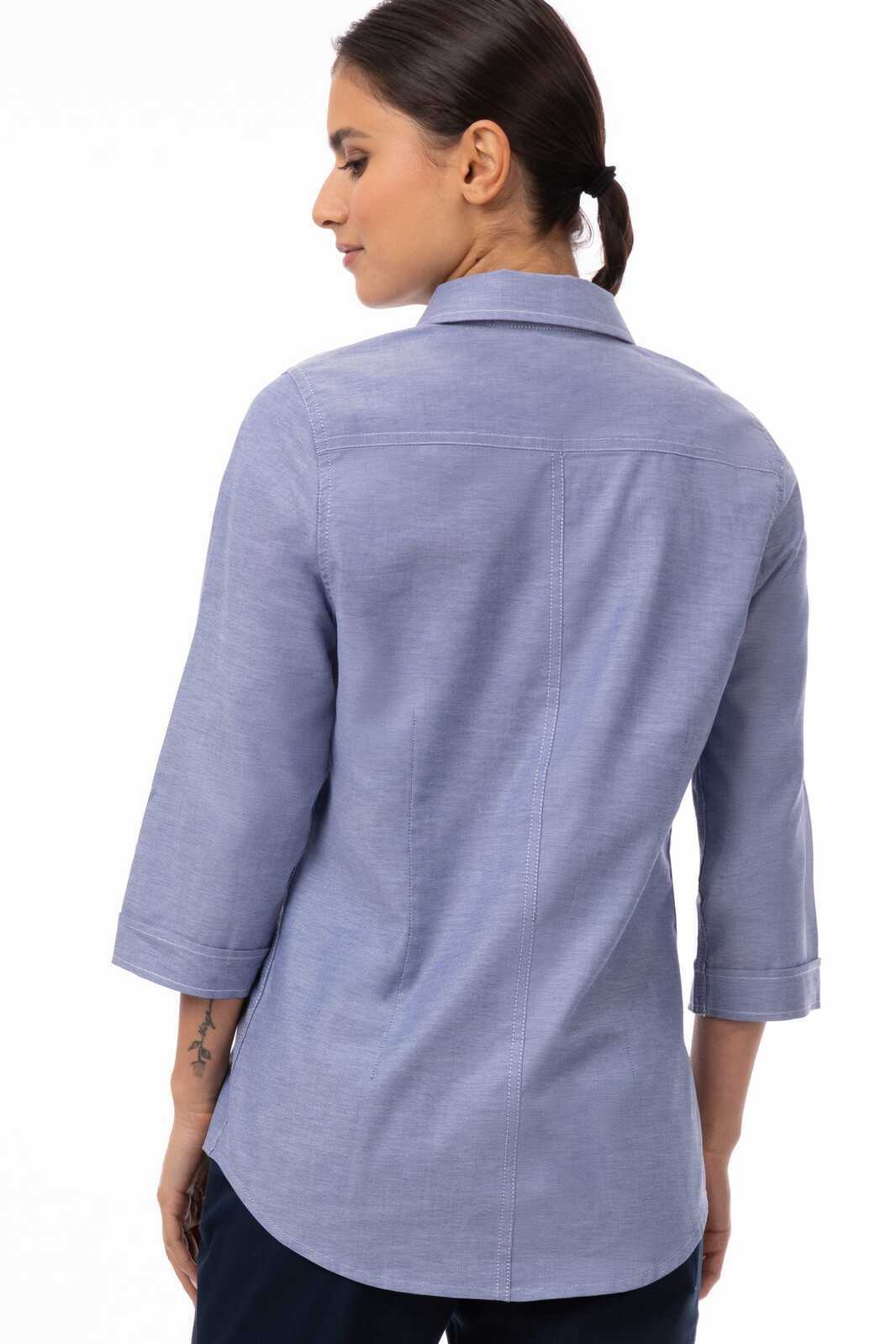 A blue women's classic shirt with three-quarter sleeves, featuring a collar and a logo on the back.