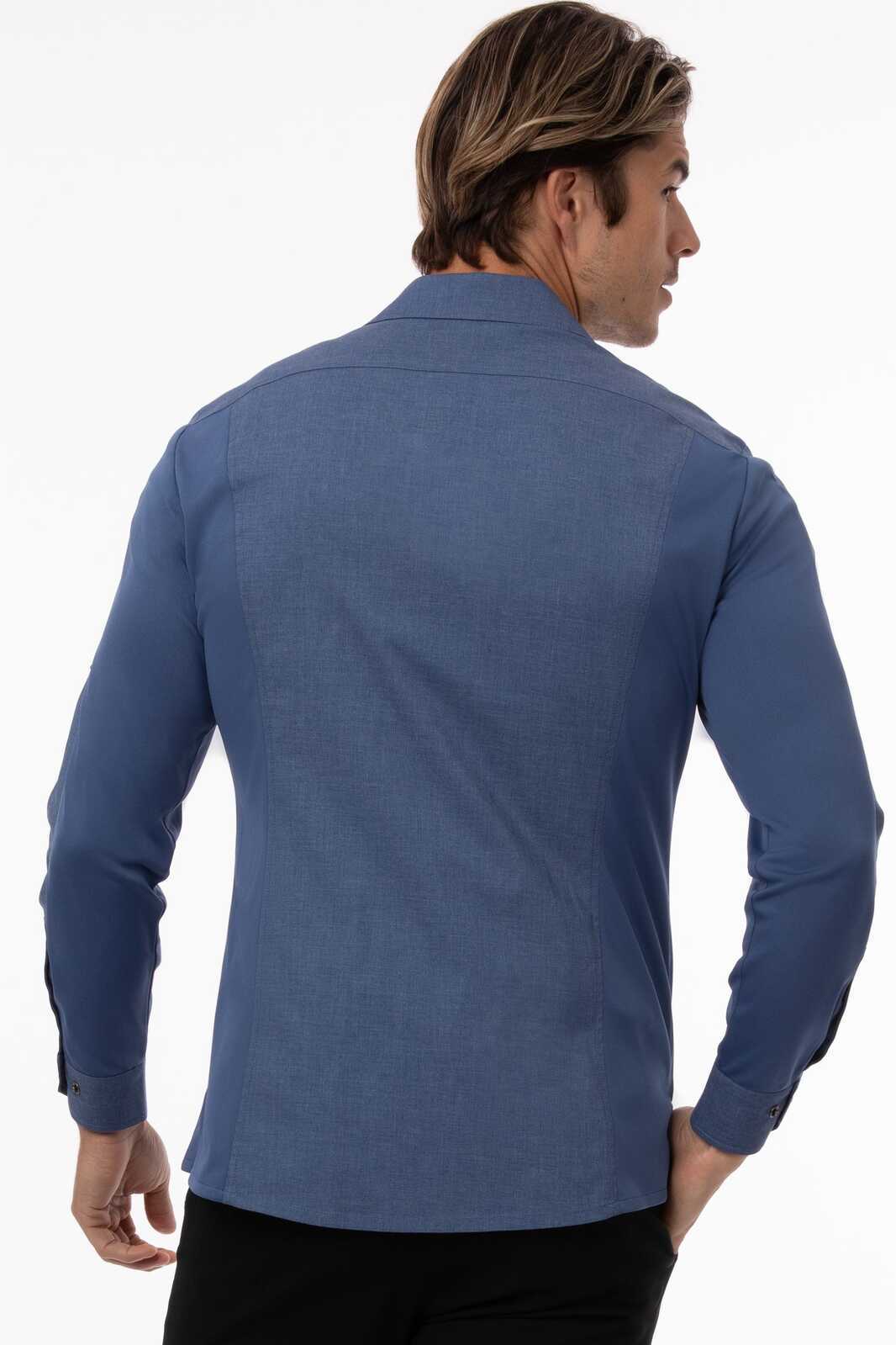 A black men's shirt with long sleeves, featuring a classic collar and a subtle branding logo.