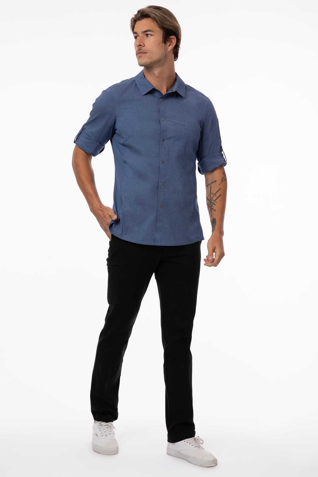 A black men's shirt with short sleeves and a fitted design, paired with black pants and white shoes.