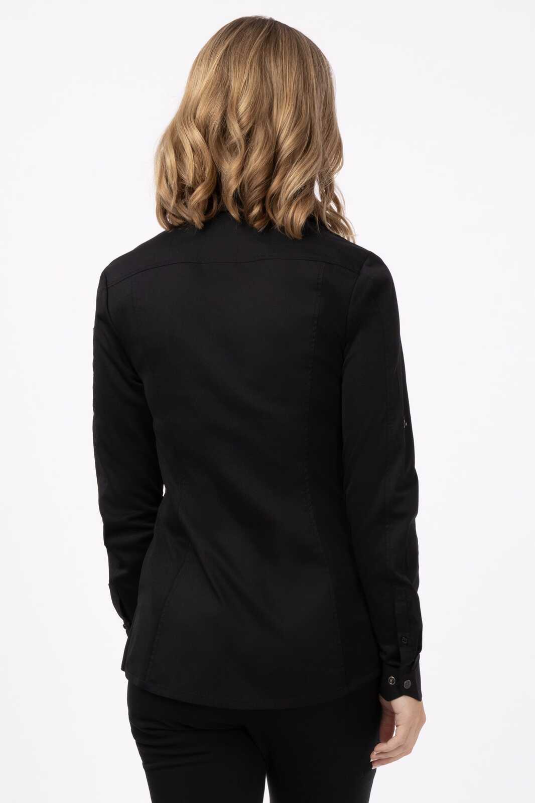 A black women's shirt featuring a fitted design and long sleeves, shown from the back. It has a logo on the label.