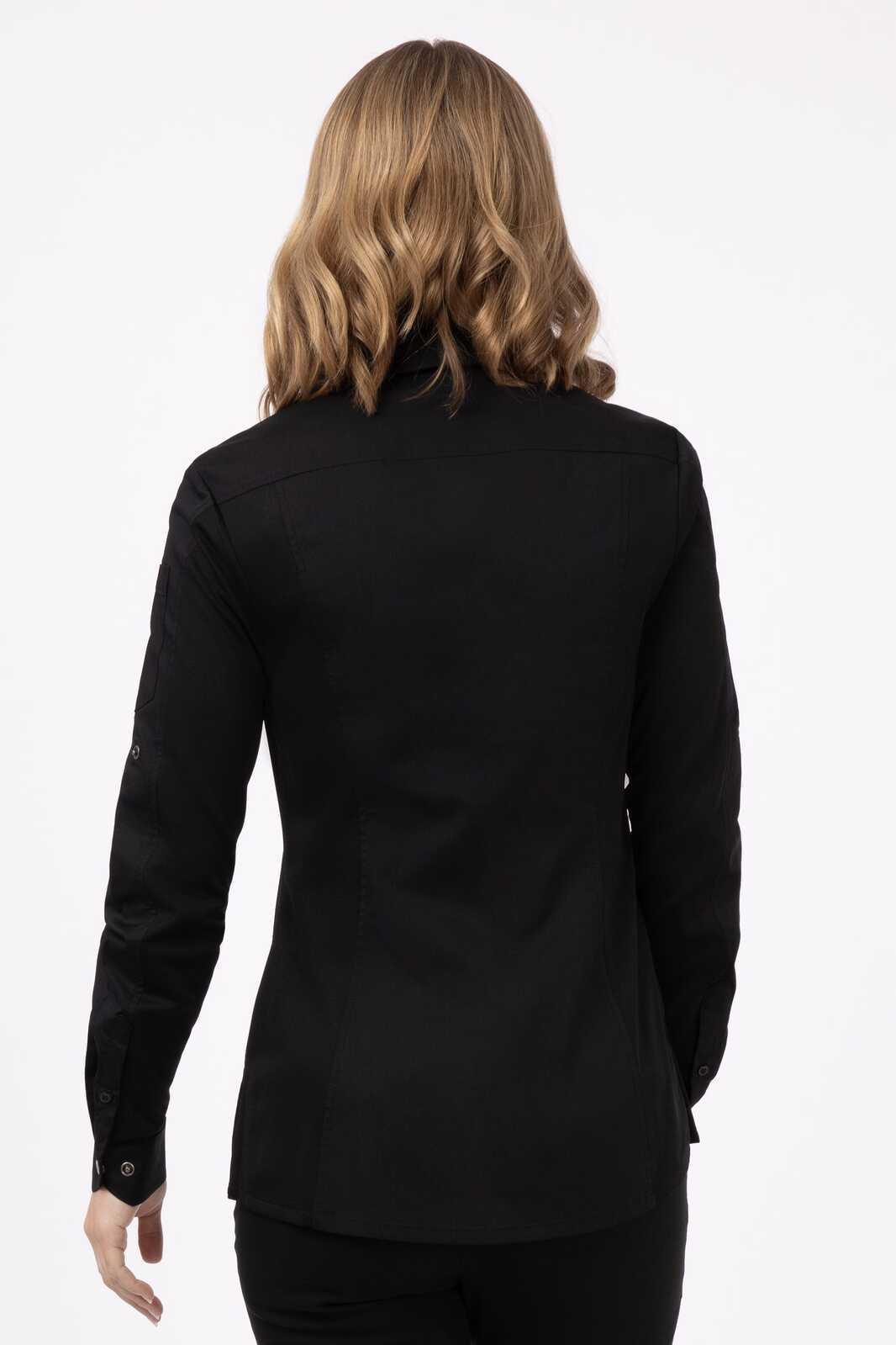 A black women's shirt viewed from the back, featuring a fitted design and a logo on the fabric.