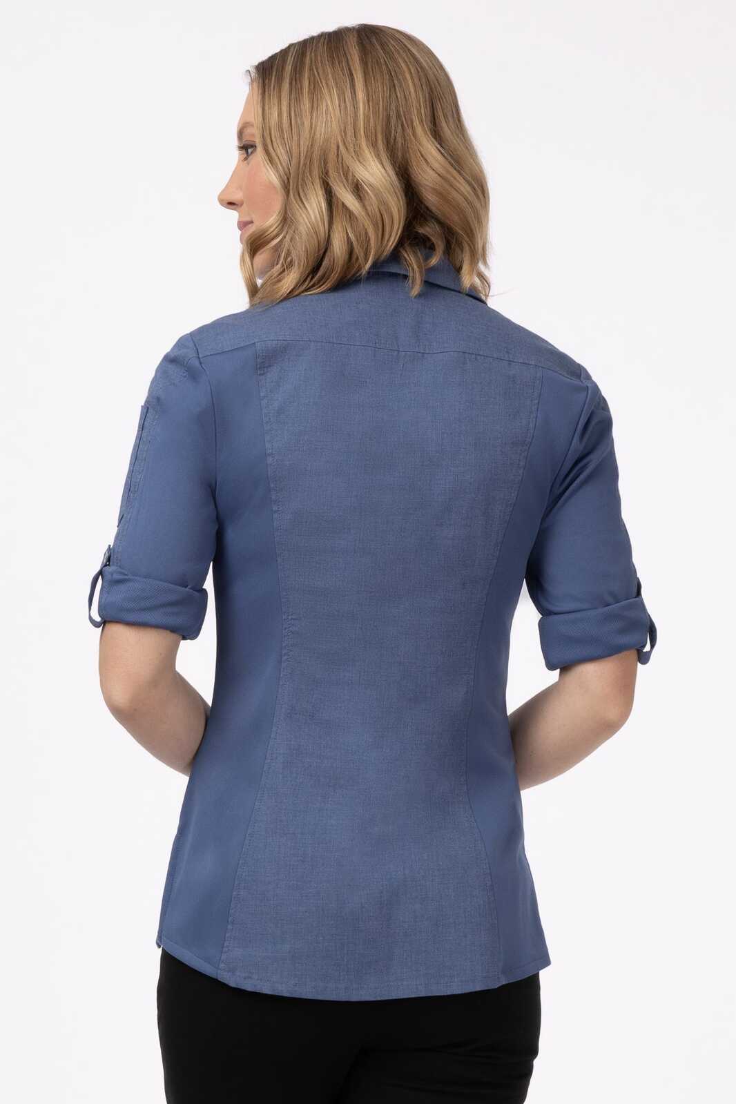 A women's blue shirt with rolled sleeves, featuring a fitted design and a back view. It has a logo.