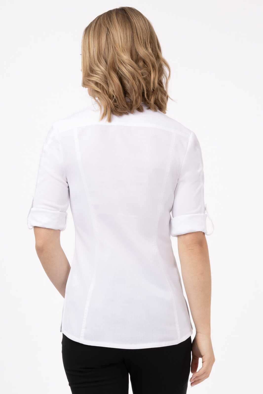 A white women's shirt with rolled sleeves and a fitted design, featuring a logo on the back.