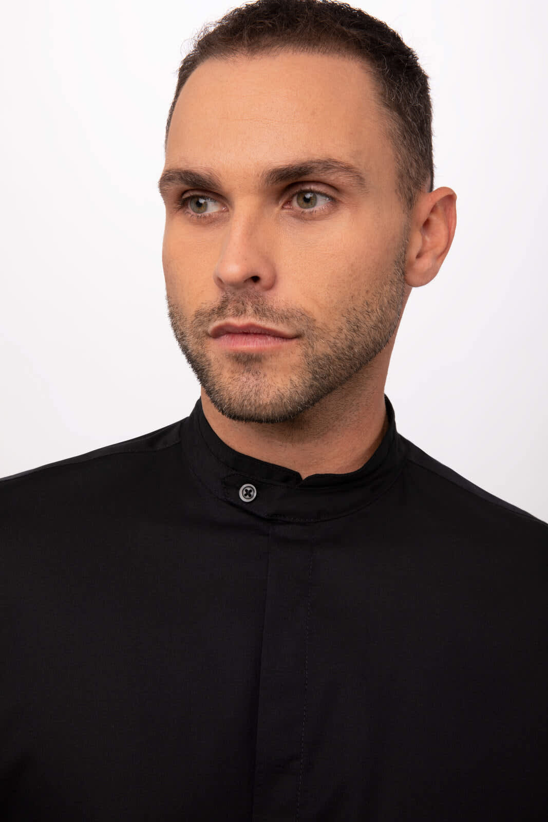 A black button-up shirt for men, featuring a sleek collar and a logo.