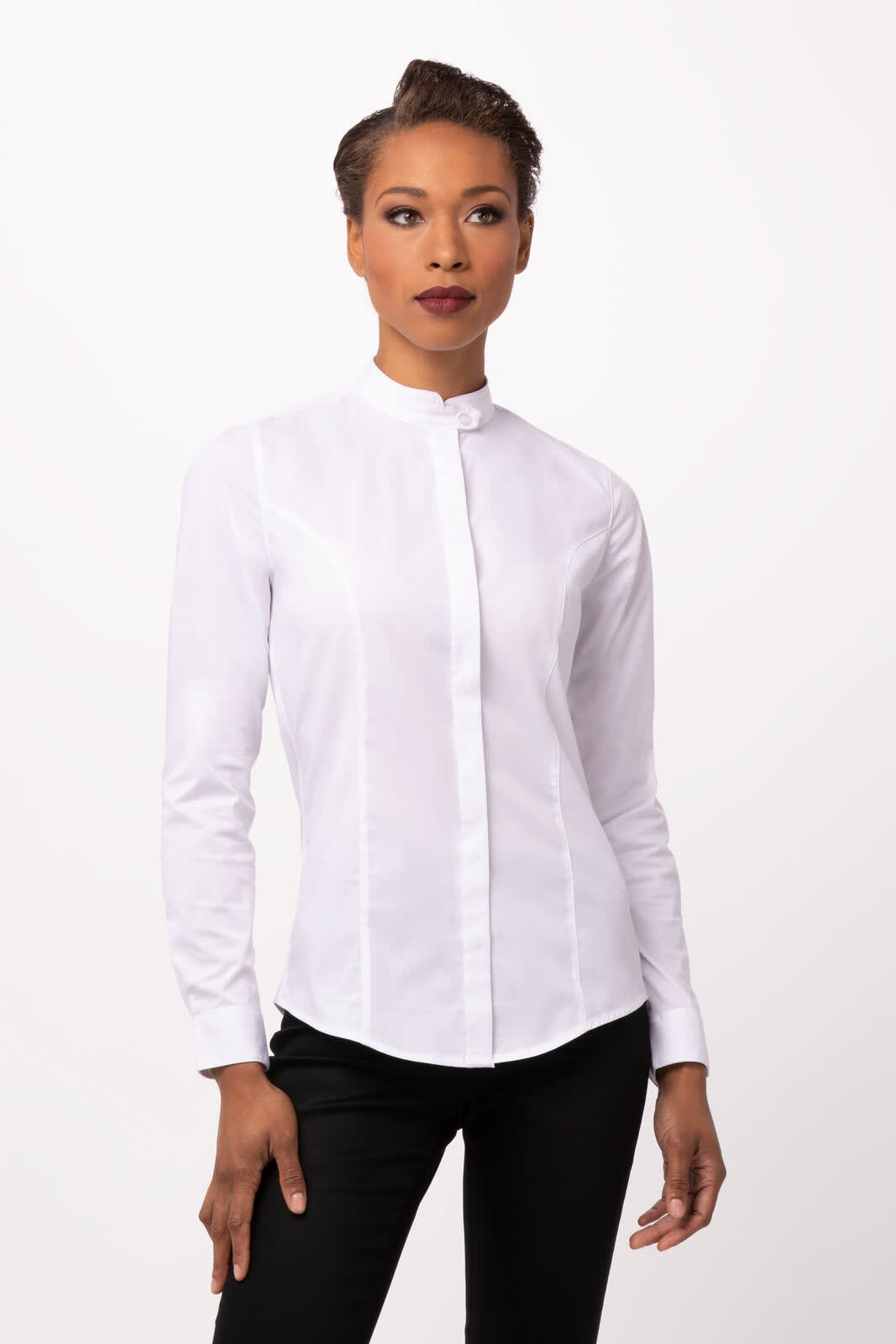 A white button-up shirt with a high collar, featuring long sleeves and a fitted design. It includes a logo.
