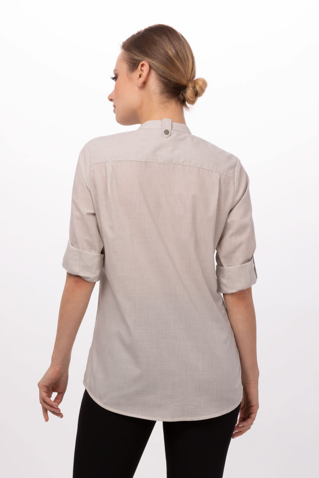 A light grey women's button-up shirt with rolled sleeves and a back button detail. Features a subtle branding logo.