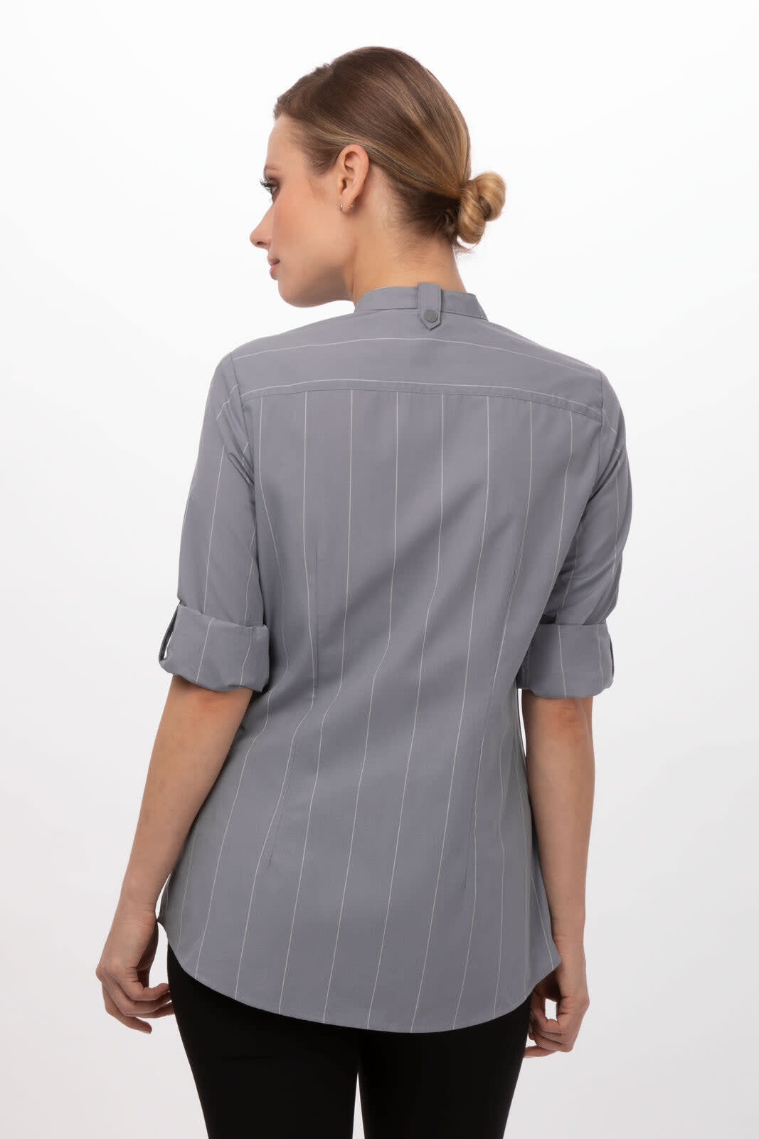 A grey women's shirt with vertical stripes and rolled sleeves, featuring a collar and a button at the back.