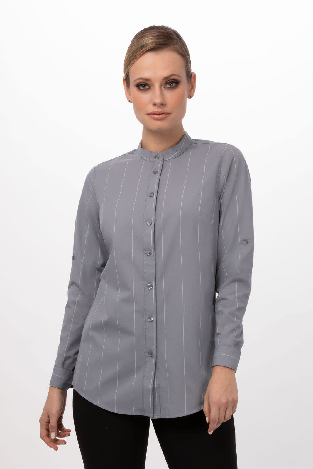 A women's grey shirt with vertical stripes, featuring a button-down front and long sleeves. The shirt has a collar and a logo.