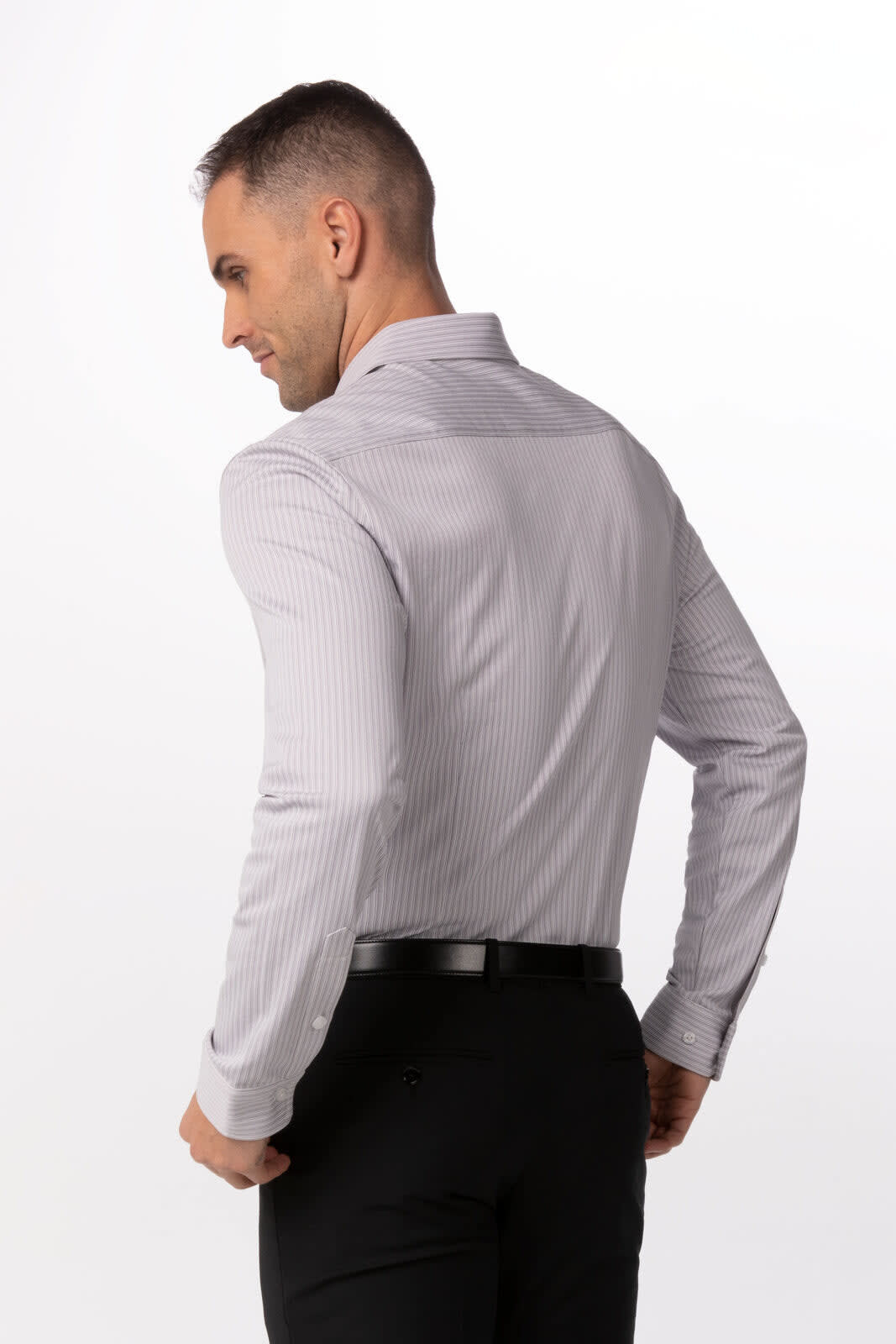 A grey striped button-up shirt displayed on a male model, featuring a collared neck and long sleeves.