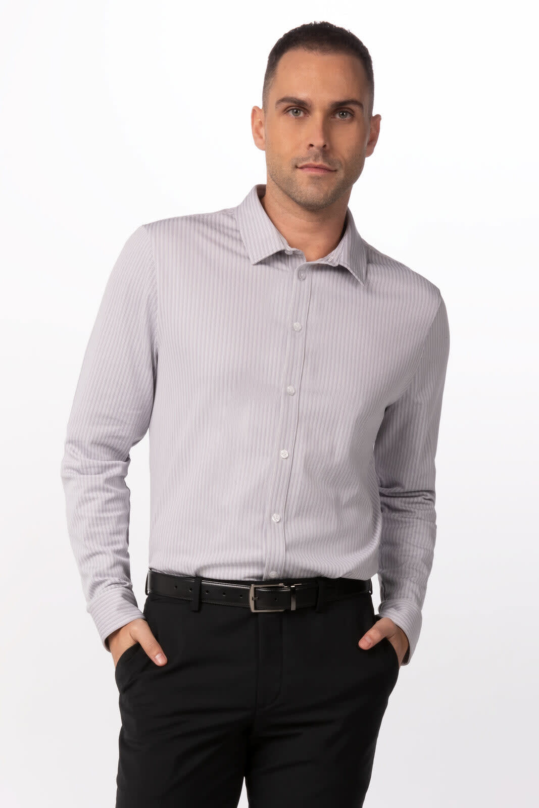 A button-up shirt in light grey with a subtle pattern, featuring a collar and long sleeves.