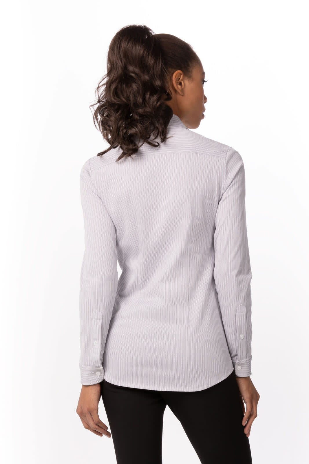 A women's shirt in light grey with a striped pattern, featuring long sleeves and a collar, with a branding logo.