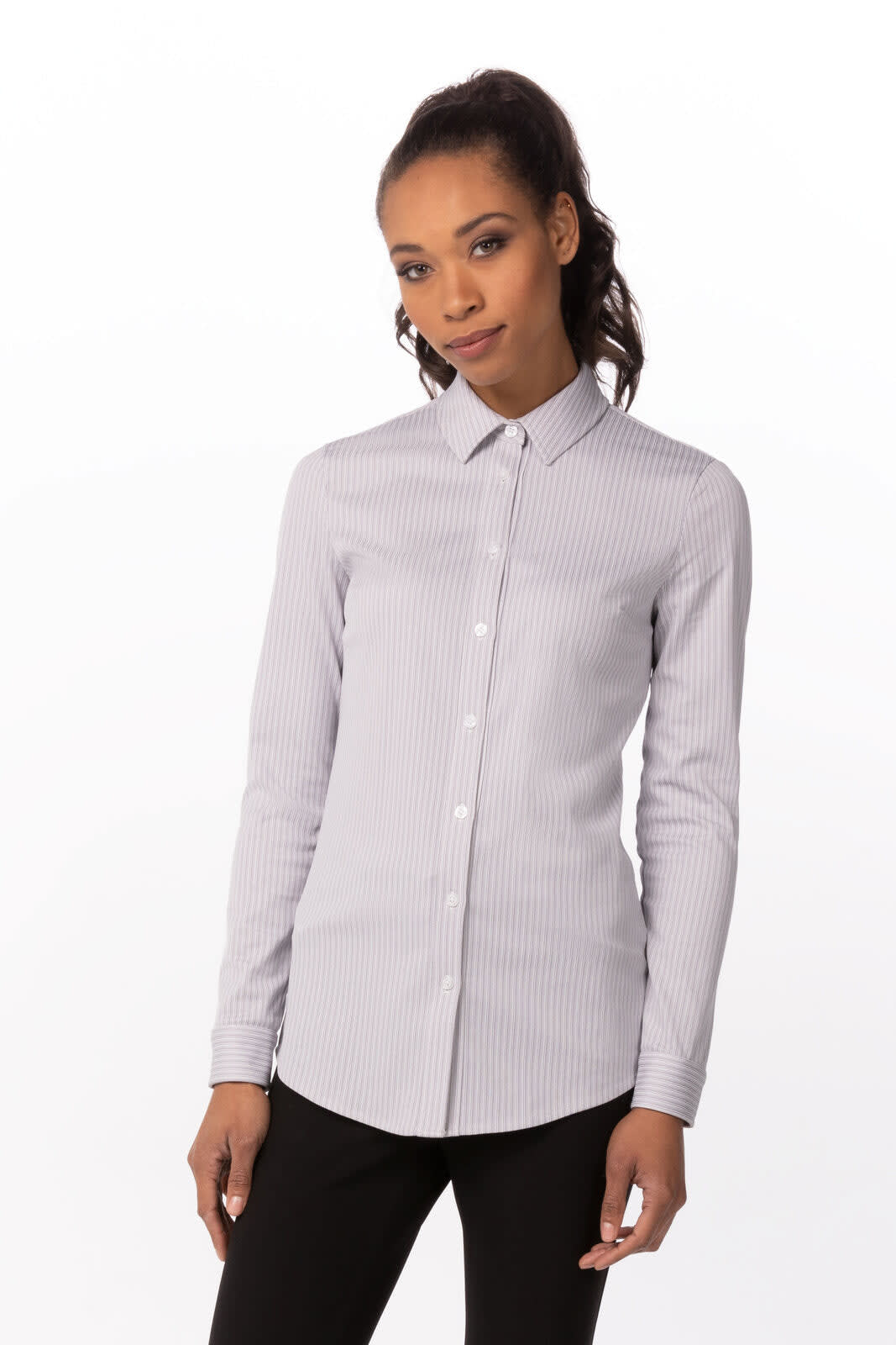 A women's shirt in light grey with subtle stripes, featuring a collar and long sleeves, and has a branded logo.