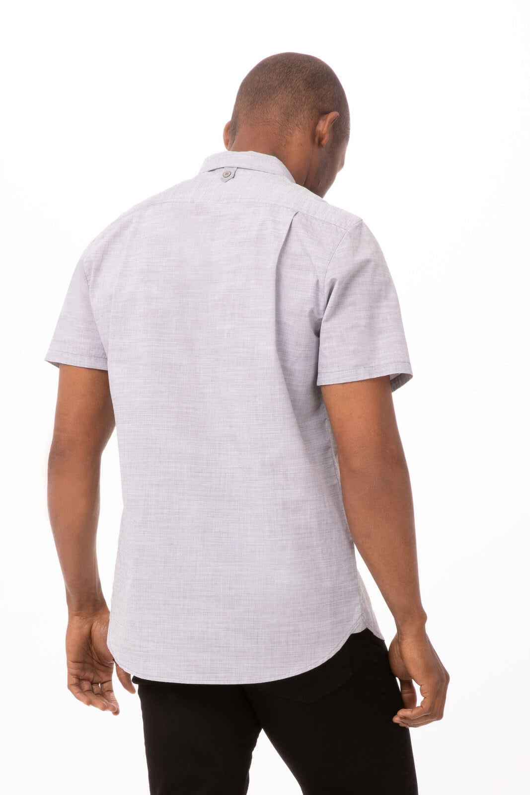 A short-sleeve grey men's shirt with a collar, featuring a logo on the back.