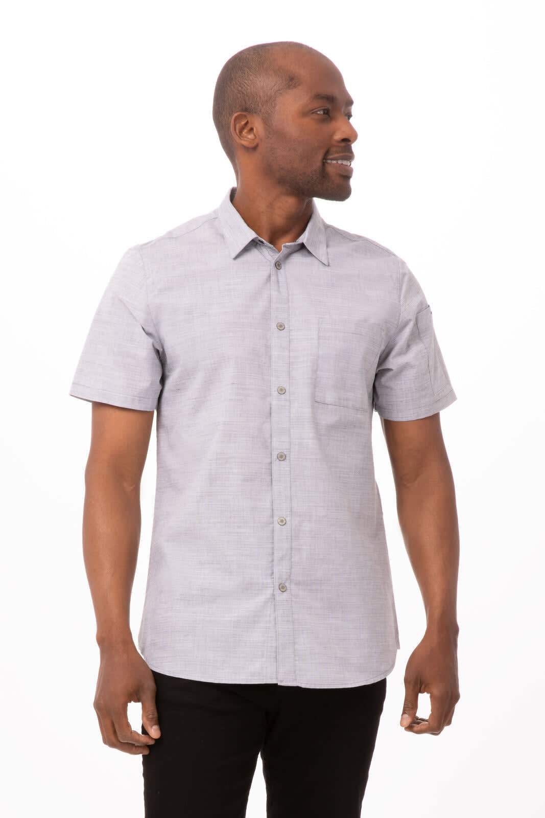 A short-sleeved men's shirt in a light grey with a subtle pattern, featuring a button-down collar and a logo.