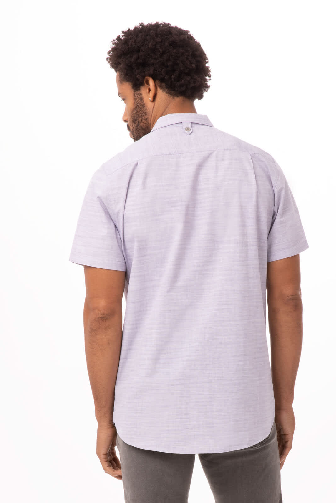 A short-sleeved men's shirt in a light blue tone with a back button detail and a logo.