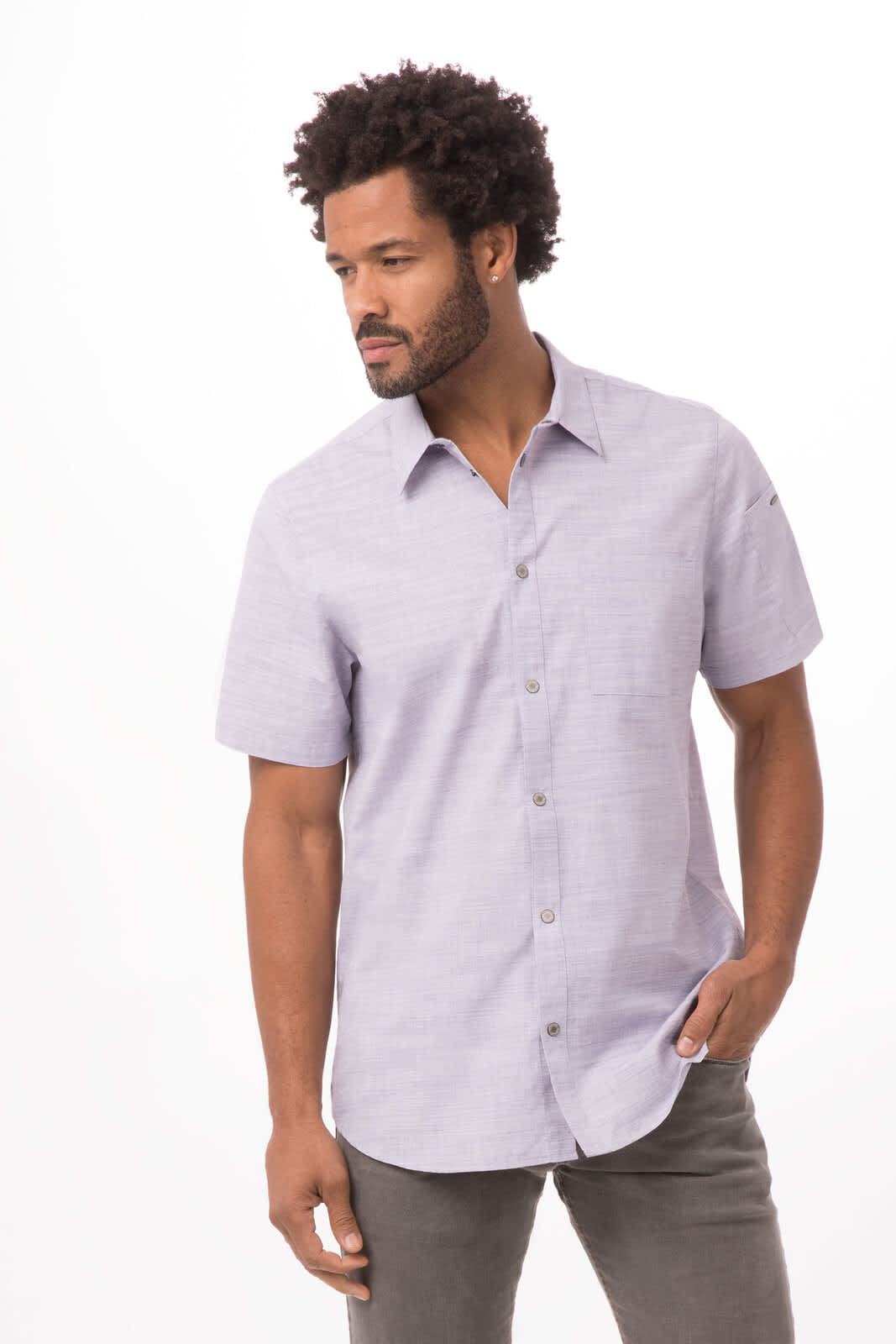 A short-sleeved men's shirt in grey with a button-up front and a subtle pattern. Features a logo on the sleeve.
