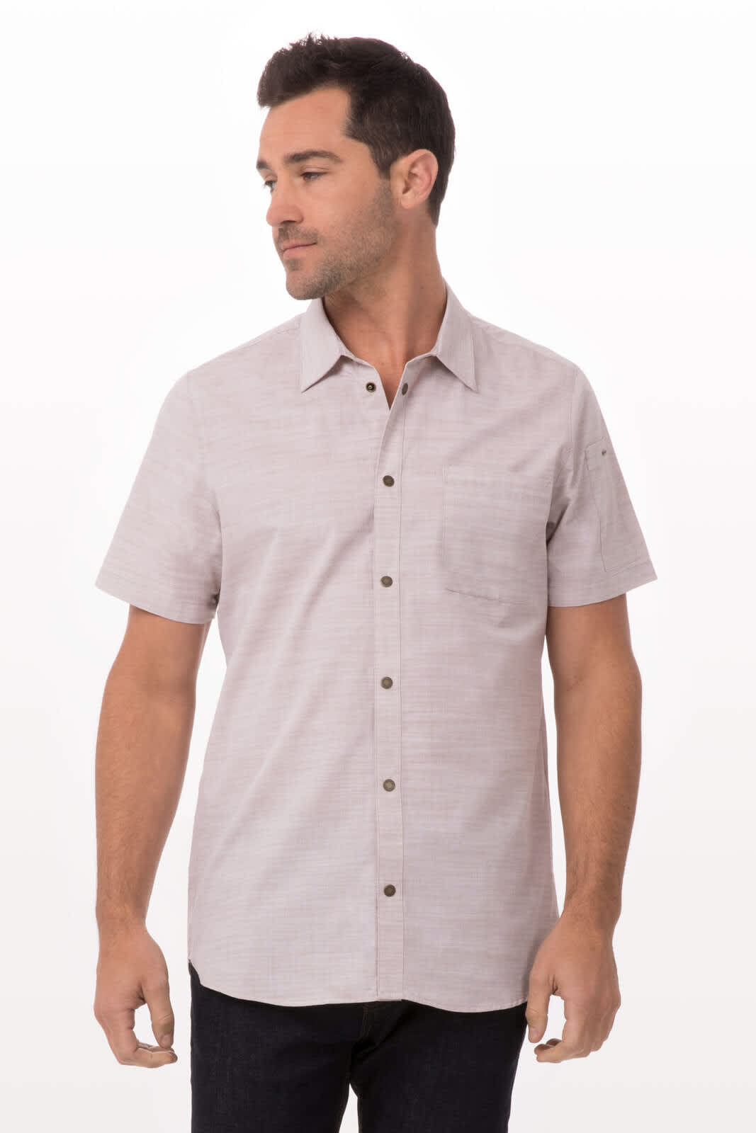 A short-sleeved men's shirt in light grey with buttons and a chest pocket, featuring a logo.