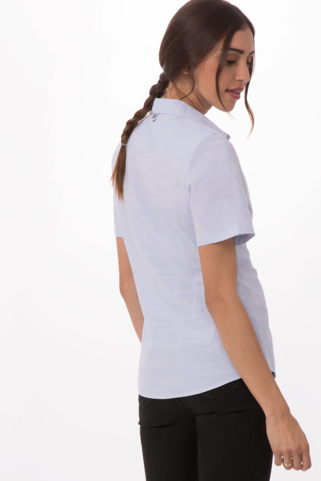 A light blue button-up women's shirt with short sleeves and a collar, featuring a logo on the back.