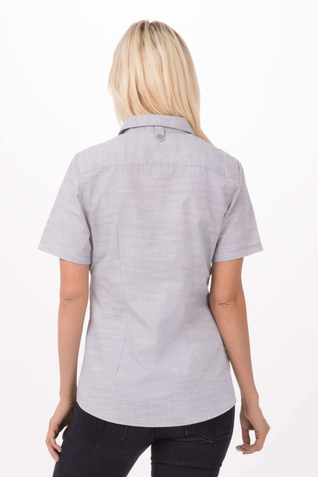 A light grey button-up shirt for women, featuring a collar and short sleeves, with a logo on the back.