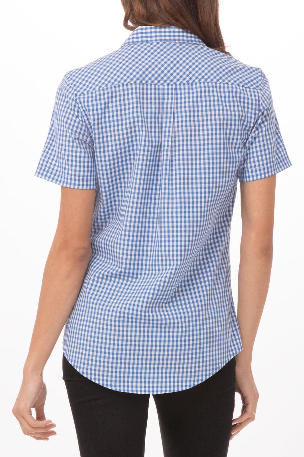 A women’s short sleeve dress shirt in blue gingham with a button-up design and a back view.